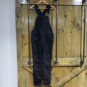 Blue Spice Black Denim Overalls Distressed Stretch Streetwear Bloke Goth Whimsy